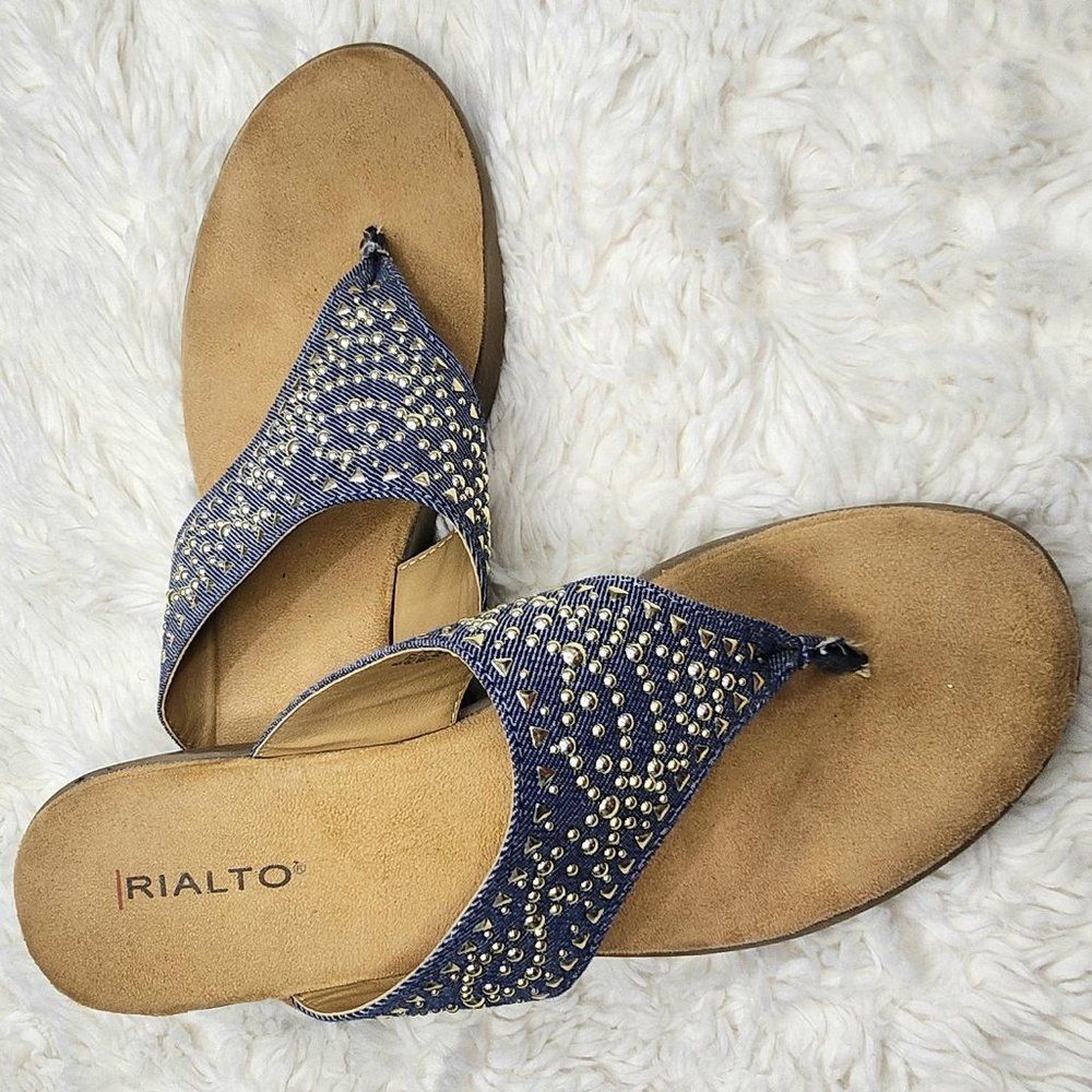 ❤️2/$18 Rialto Blue Denim Sandals with Gold Accents Open Toes Slip On Shoes 8M